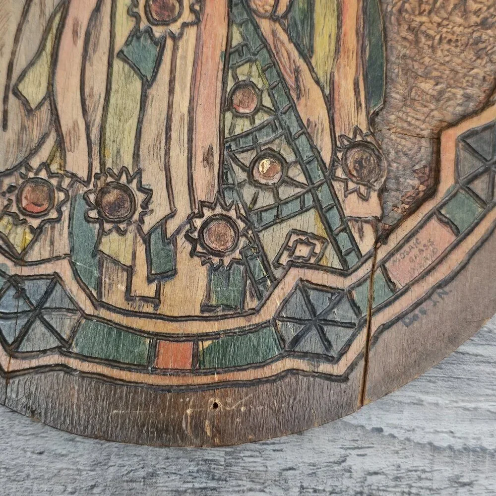 Flemish Wood Carved Mosaic Glass Inlay Native American Oval Photography Art Work